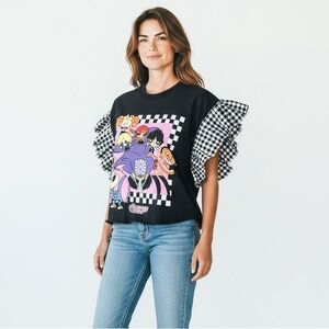 Powerpuff Girls Graphic Upcycled Tee with Checkered Ruffled Sleeves